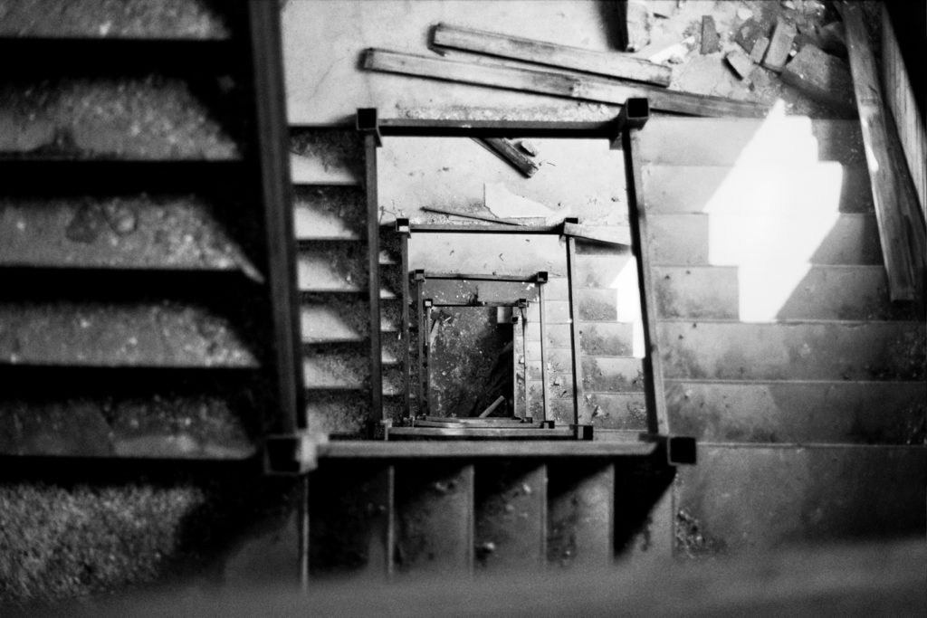stairwell looking down inside abandoned victoreen factory in cleveland ohio