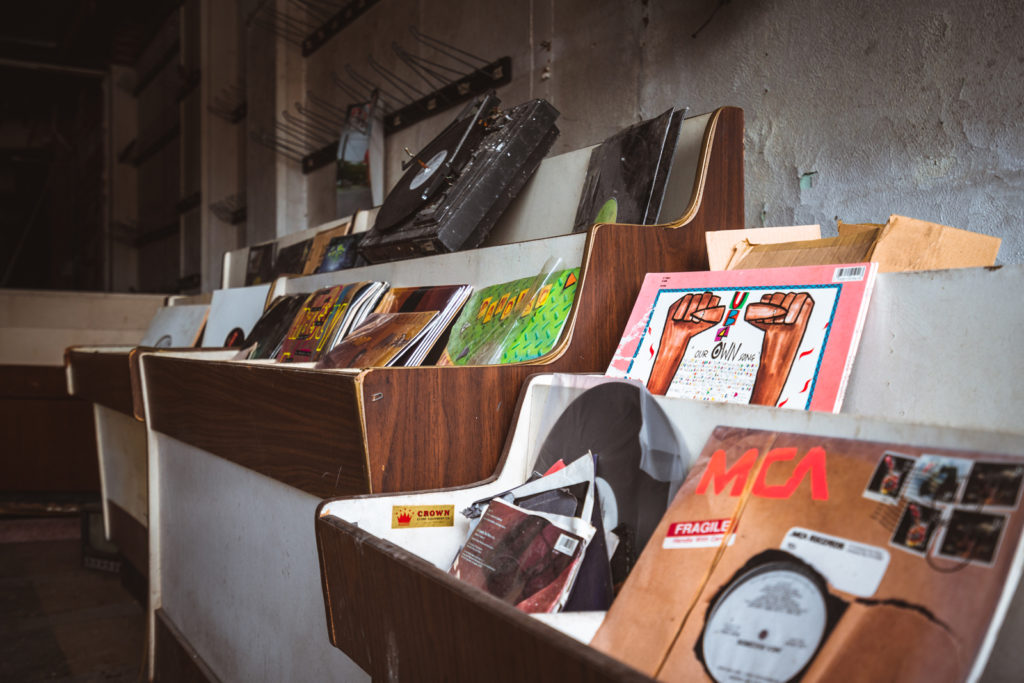abandoned record store bins