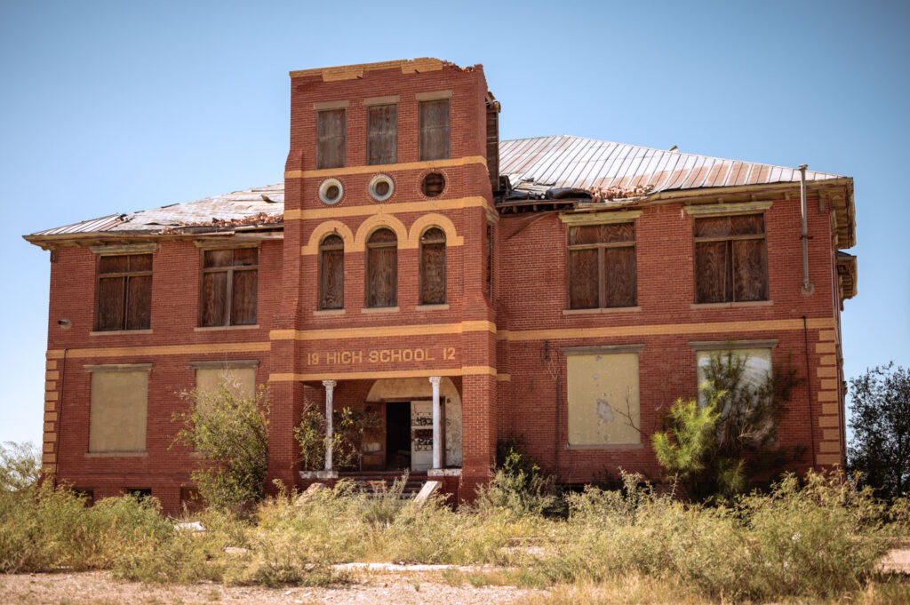 abandoned school in the ghost town of Verhalen Texas