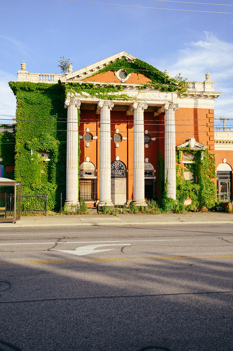 Abandoned Lake Shore Bank, a red brick building heavily overgrown with green ivy, featuring large white columns and a…